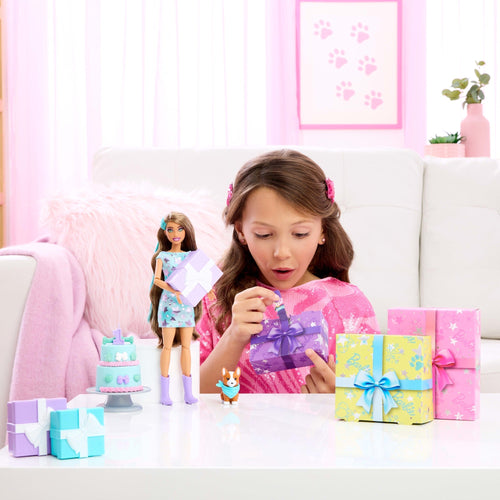 Barbie Party Unboxed Pet Birthday Series Doll & Accessories, Party Stars Set With 10 Surprises